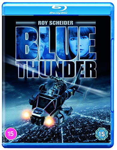 Blue Thunder Blu-ray cover featuring a helicopter flying over a city at night.