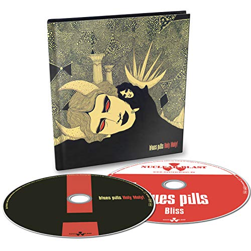 "CD case with illustration and two CDs, one black, one red, on white background."