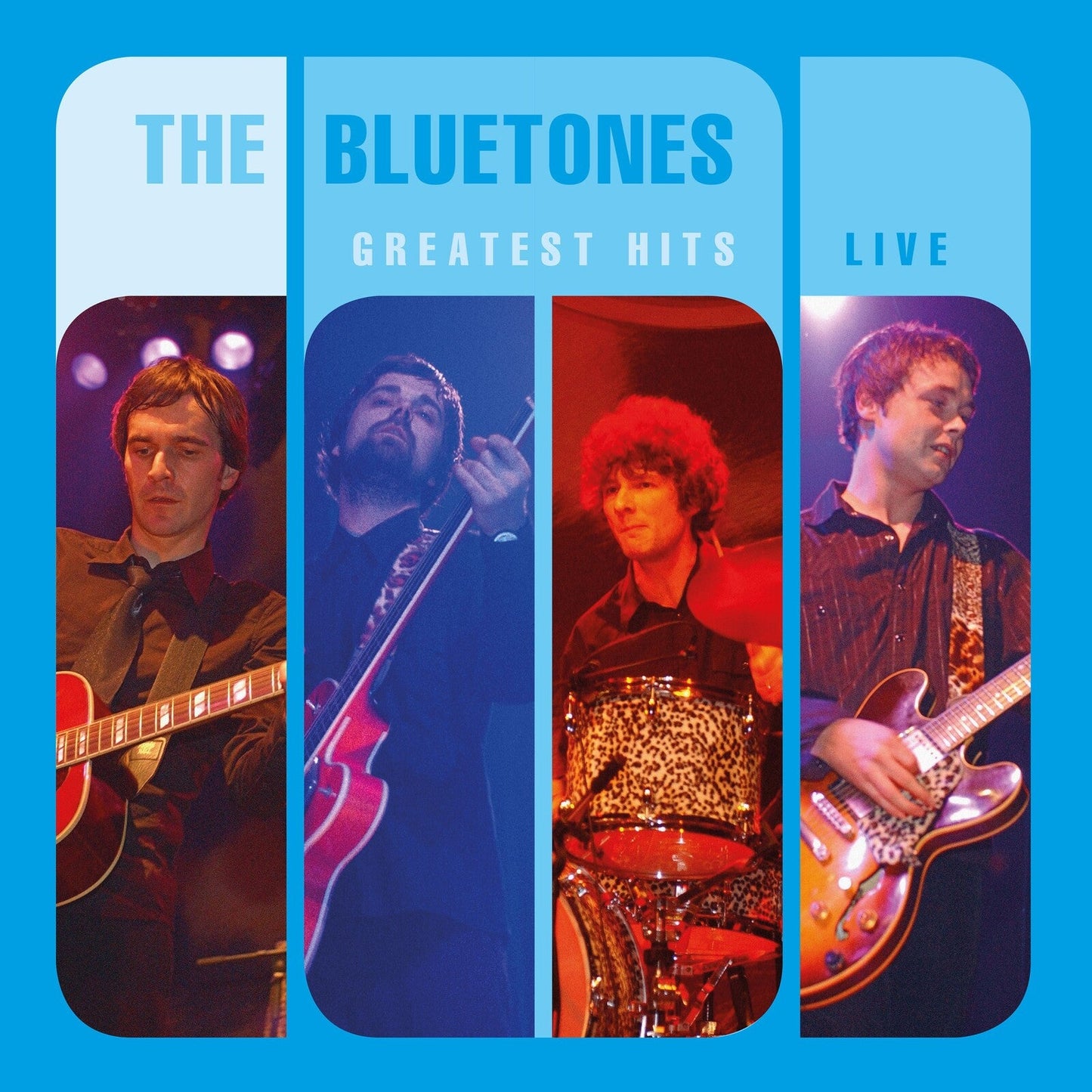 The Bluetones’ “Greatest Hits Live” album cover featuring four band members.