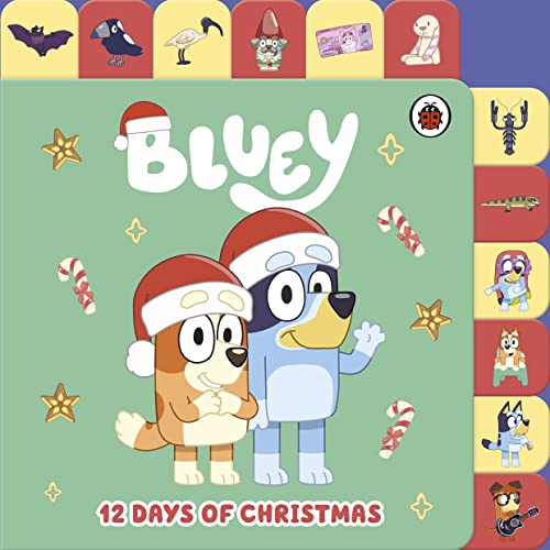 Bluey and Bingo in Santa hats on a green "12 Days of Christmas" board book.
