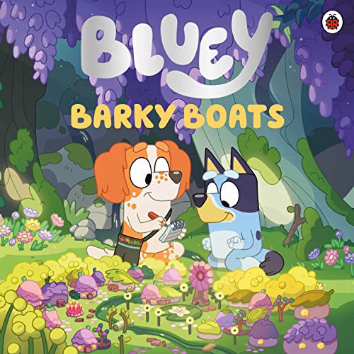 Bluey and Bingo with a boat in a colorful, floral landscape.