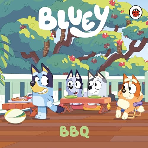 Bluey and family at a backyard barbecue with food and seating.