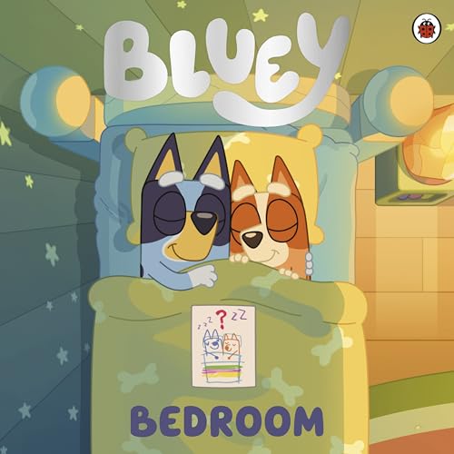 Bluey and Bingo peeking from under a green blanket in a bedroom.
