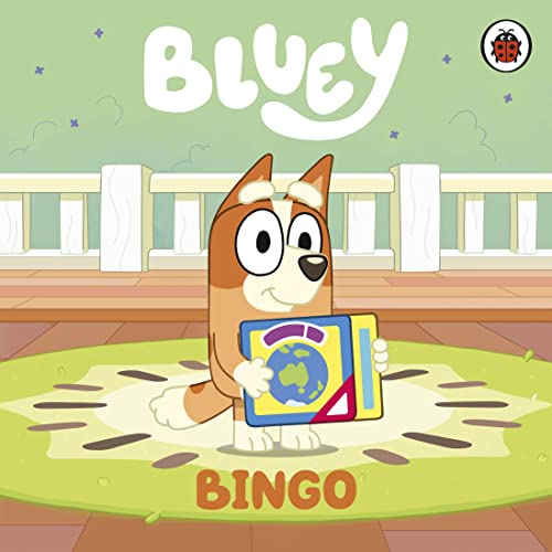 Bluey character Bingo holding a colorful tablet on a green rug.