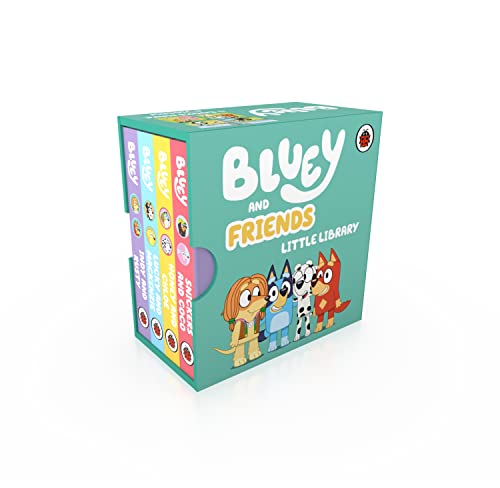 Bluey and Friends Little Library box set containing four colorful children's board books.