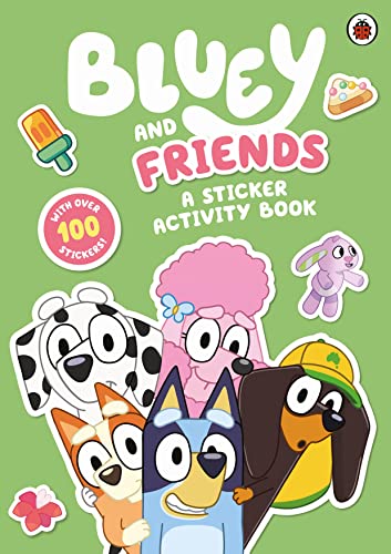 Bluey" sticker activity book cover with cartoon dog characters and stickers.