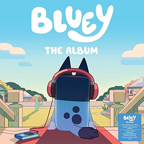 Bluey, an animated blue heeler dog, wearing red headphones, album cover.