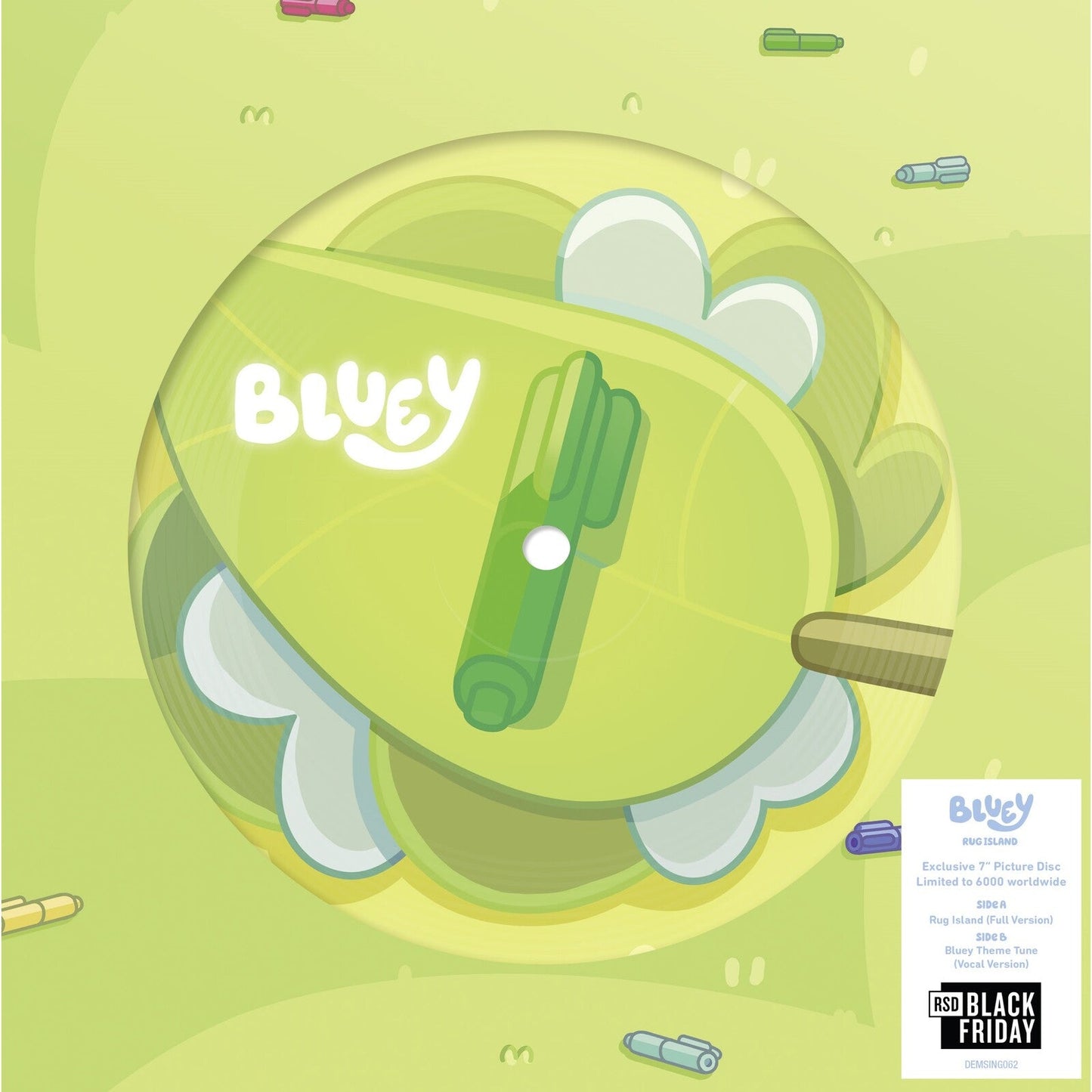 Bluey vinyl record cover depicting a green island with cartoon objects.