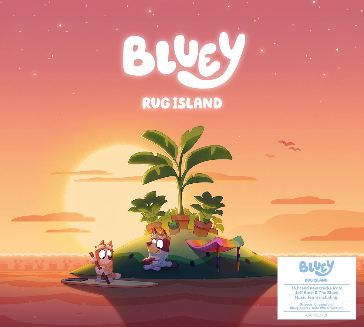 Bluey and Bingo on a rug island with palm trees, CD cover.