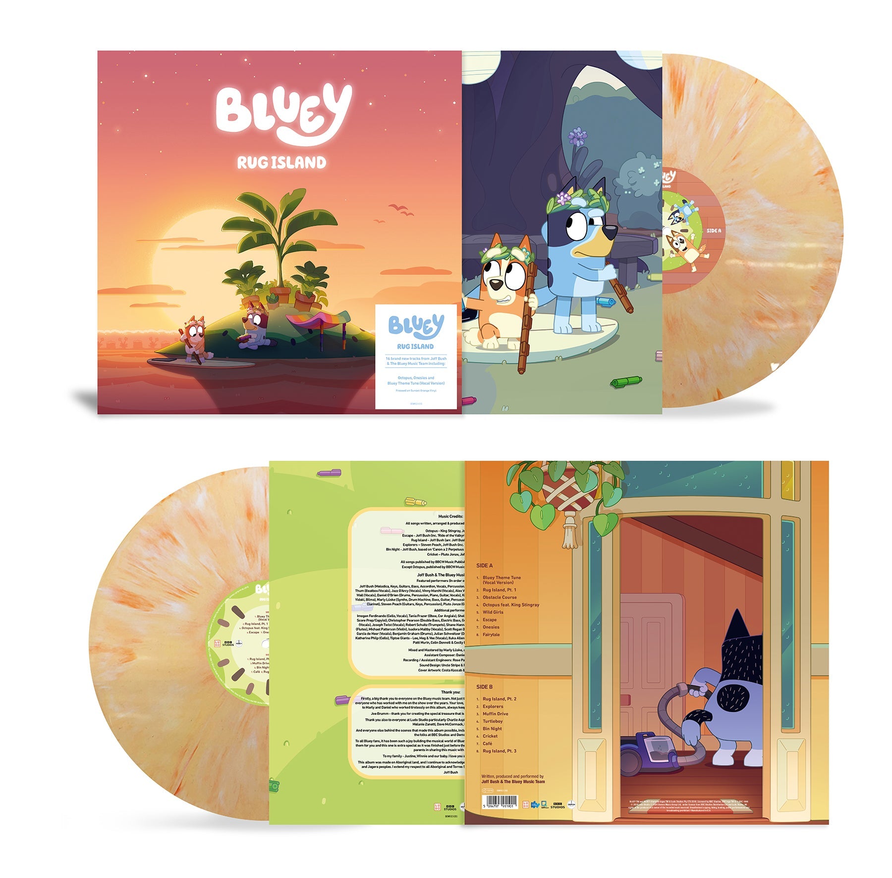 Bluey: Rug Island" vinyl record with orange sunset swirl and character art.