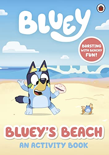 Bluey holding a seashell on a beach, book cover illustration.
