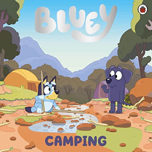 BlueCGI illustration of Bluey and Bingo camping in a mountainous landscape with a tent.