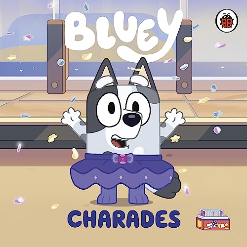 Bluey, a blue heeler puppy, with "Charades" title below.