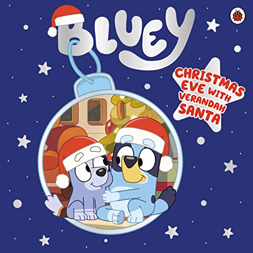 Bluey and Bingo in Santa hats inside a Christmas ornament.