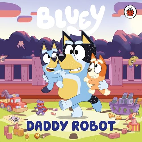 Bluey, Bingo, and Bandit depicted as a family with toys scattered around.
