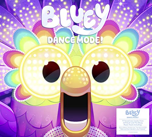 Bluey - Dance Mode!" CD cover with a colorful, smiling cartoon dog face.