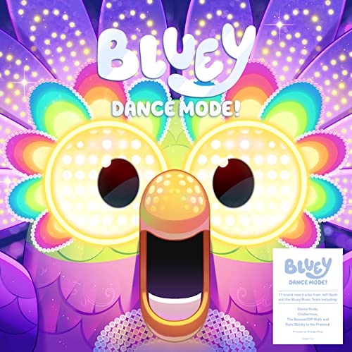 Bluey as a colorful, sparkling bird with an open mouth, album cover.