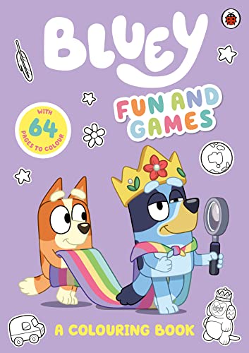 Bluey" colouring book cover with Bluey and Bingo dressed up in costumes.
