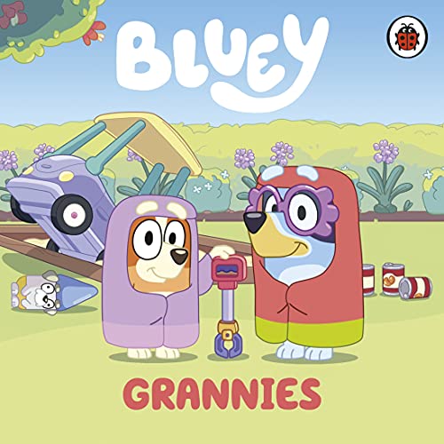 Bluey and Bingo dressed as grannies with a toy car and garden tools.