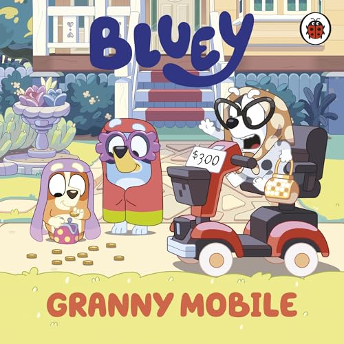 Bluey and Bingo with Granny on a red mobility scooter.