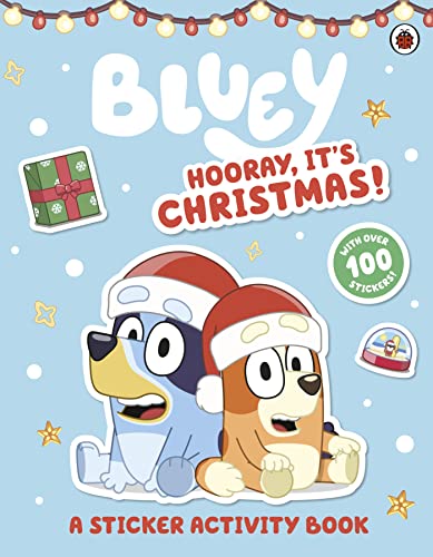 Bluey and Bingo in Santa hats with Christmas decorations and stickers.