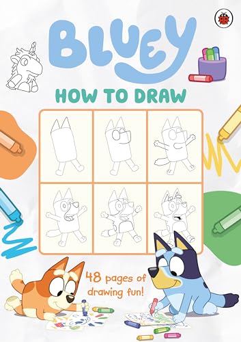 Bluey: How to Draw" book cover with drawing examples and Bluey character.