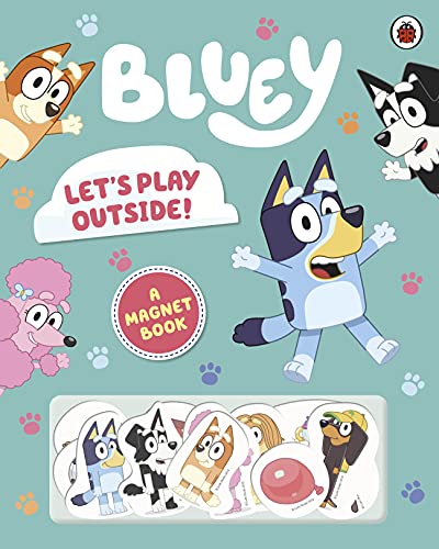Bluey magnet book cover with characters and colorful outdoor scenes.