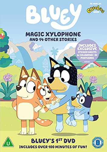 Bluey DVD cover featuring Bluey and Bingo with a xylophone, and flowers.
