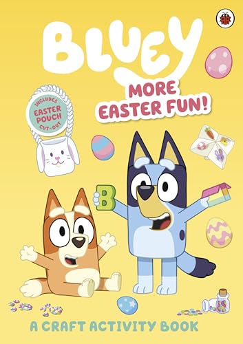 Bluey and Bingo with Easter eggs and a craft activity book.