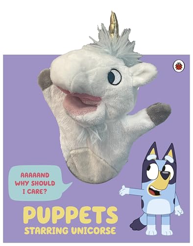 Bluey and a white unicorn puppet on a purple background.