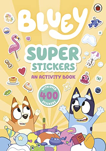 Cover of "Bluey: Super Stickers" activity book with cartoon dogs and stickers.