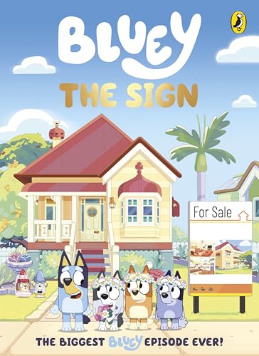 Colourful cartoon dogs stand before a house with a For Sale sign nearby outside.