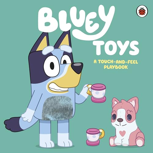 Bluey and Bingo with toys, cover of a touch-and-feel playbook.