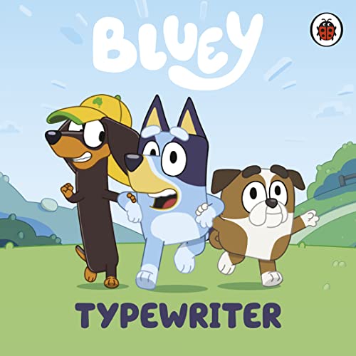 Bluey, Snickers, and Winton running together on a green field under a blue sky.