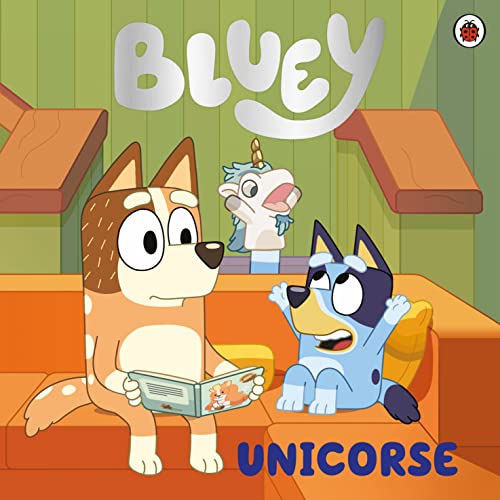 Bluey and Bingo with a unicorn toy on orange stairs.