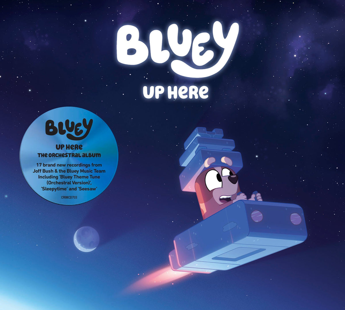 Bluey" CD cover art featuring Bluey and Bingo on a cardboard box spaceship.