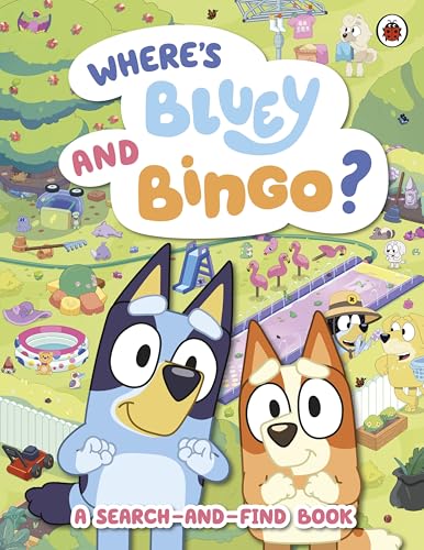 Bluey" and Bingo search-and-find book cover with Blue Heeler pups and a park scene.