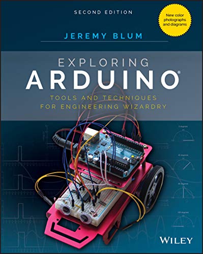 Book cover: "Exploring Arduino" with an Arduino robot on a blue background.