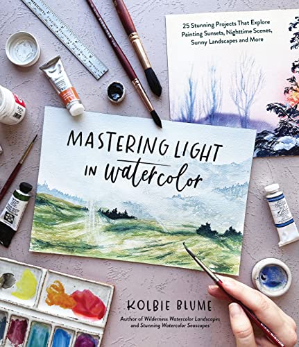 Book cover titled Mastering Light in Watercolor surrounded by paintbrushes, paints, and watercolor paper.