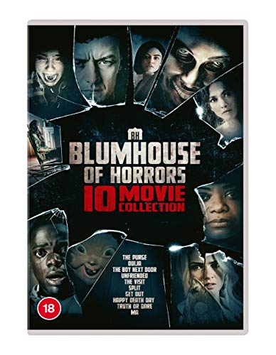 DVD cover for "Blumhouse Of Horrors" featuring ten horror movie faces.