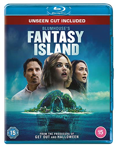 Blu-ray cover art for Blumhouse's Fantasy Island featuring three actors above a tropical island.