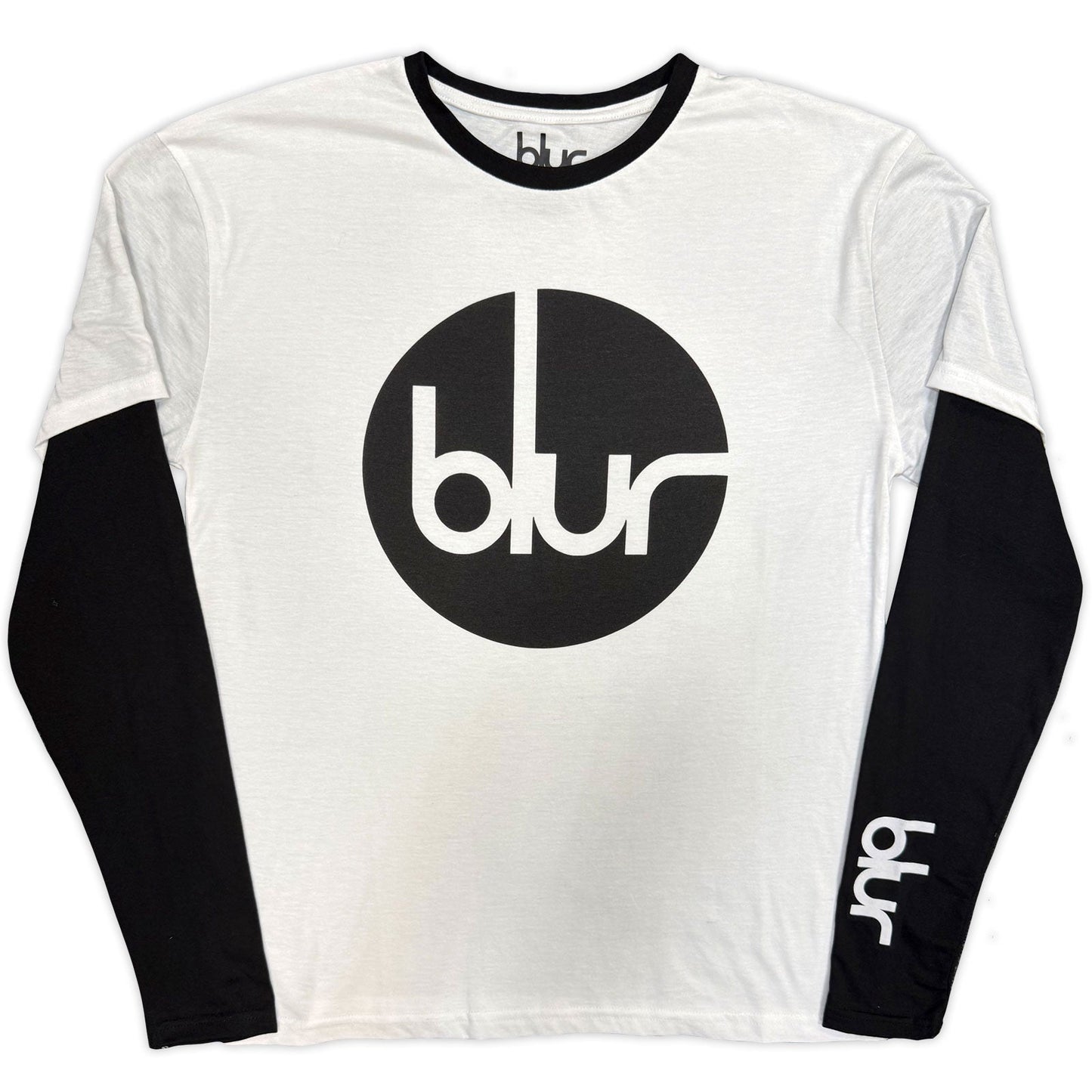 White long sleeve t-shirt with black sleeves and "blur" logo.