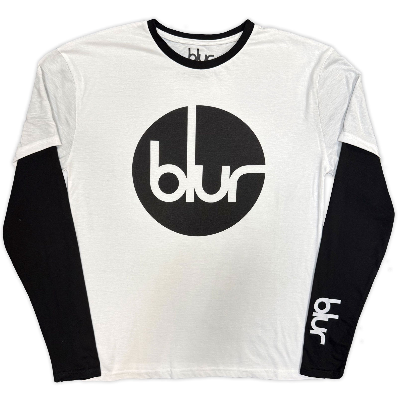 White long sleeve t-shirt with black sleeves and "blur" logo.