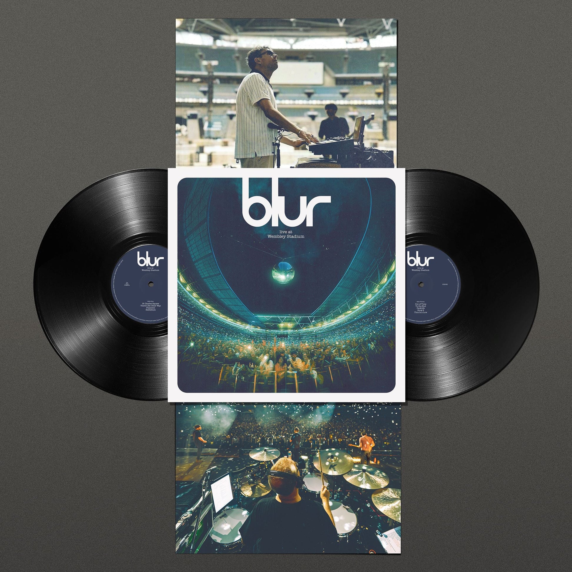 Blur "Live at Wembley Stadium" vinyl record with band imagery.