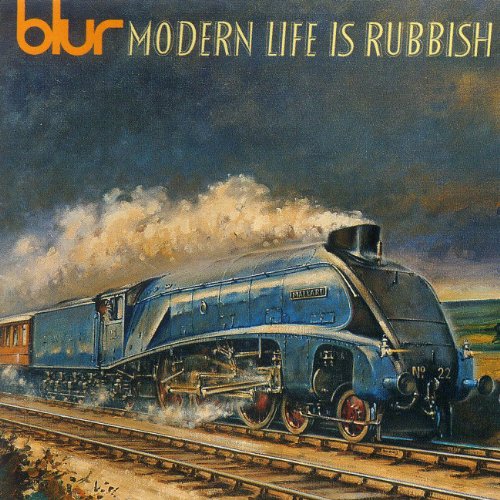 "Blur's 'Modern Life Is Rubbish' vinyl album cover featuring a blue steam train."