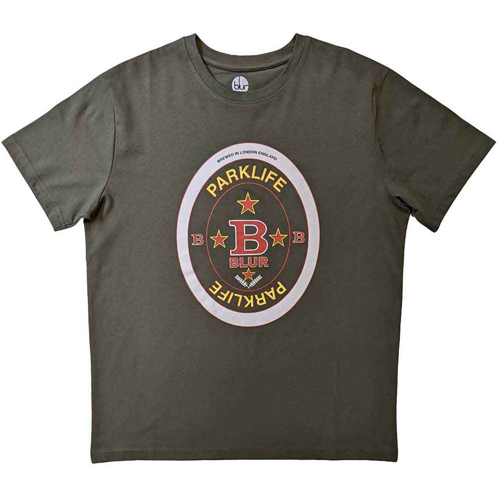 Olive green t-shirt featuring a circular Blur Parklife band logo on the chest.