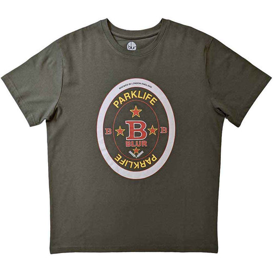 Olive green t-shirt featuring a circular Blur Parklife band logo on the chest.