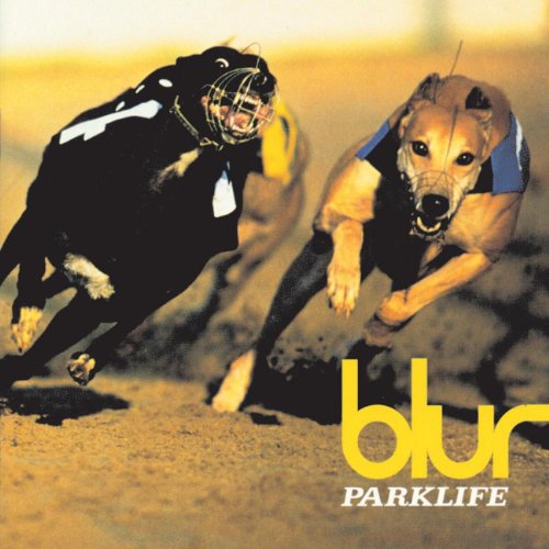 Two greyhounds racing on a dirt track with "Blur - Parklife" text.