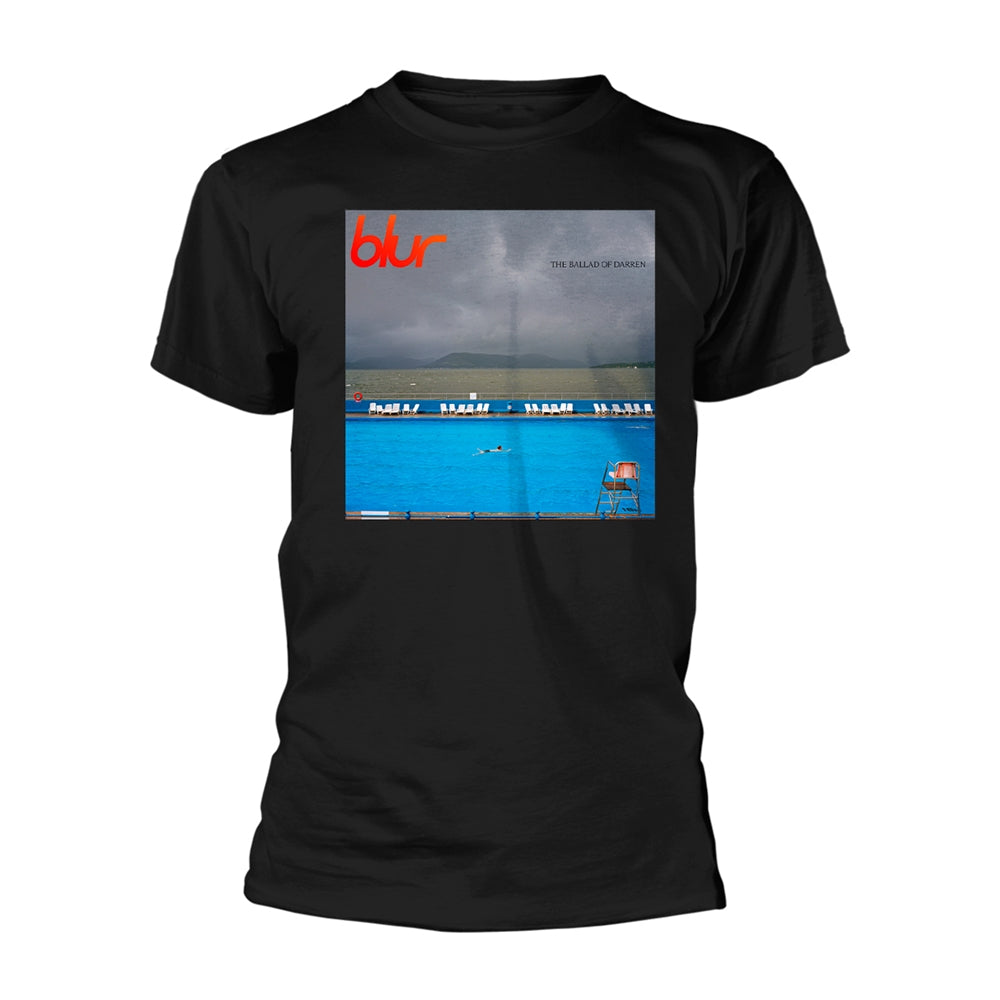Black t-shirt with album artwork of a beach and swimming figure.
