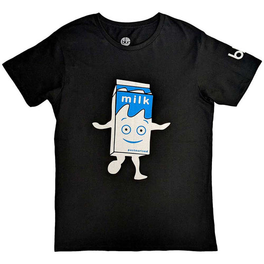 Light-colored unisex t-shirt with blurry graphic print on the sleeve.